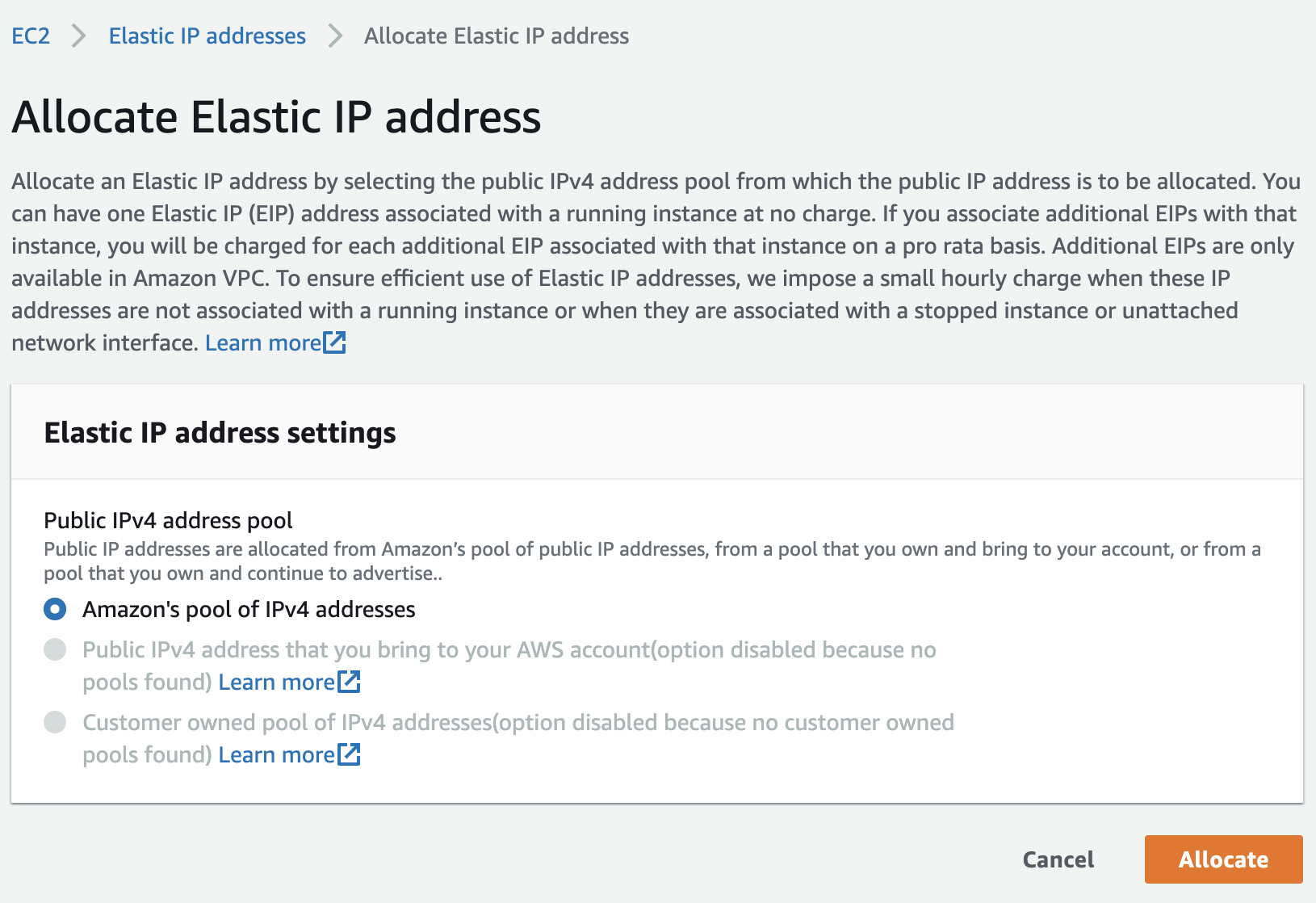 aws allocate elastic ip screen