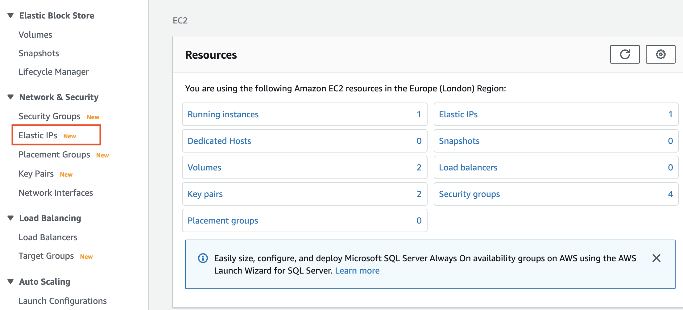 aws elastic ip menu item highlighted