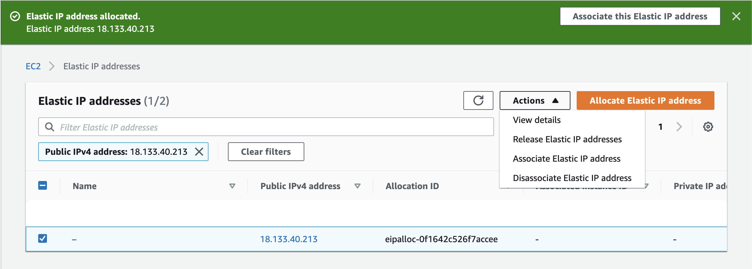 aws elastic ip success screen